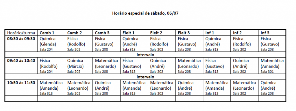 Horario sabado letivo