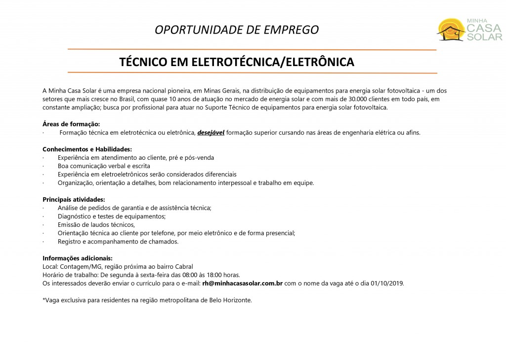 Oportunidade de emprego - Eletroeletrônica