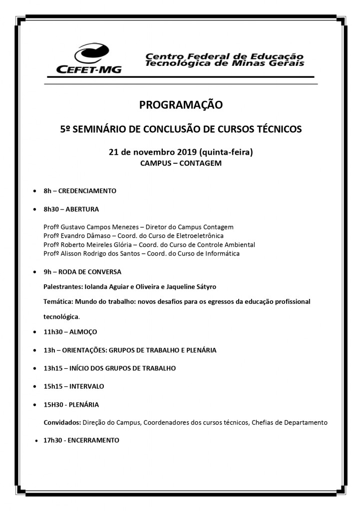 PROGRAMAÇÃO SEMINÁRIO - 2019