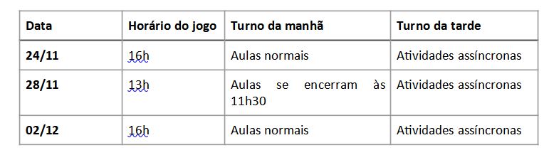 Horário de aula nos dias de jogos da seleção na Copa do Mundo